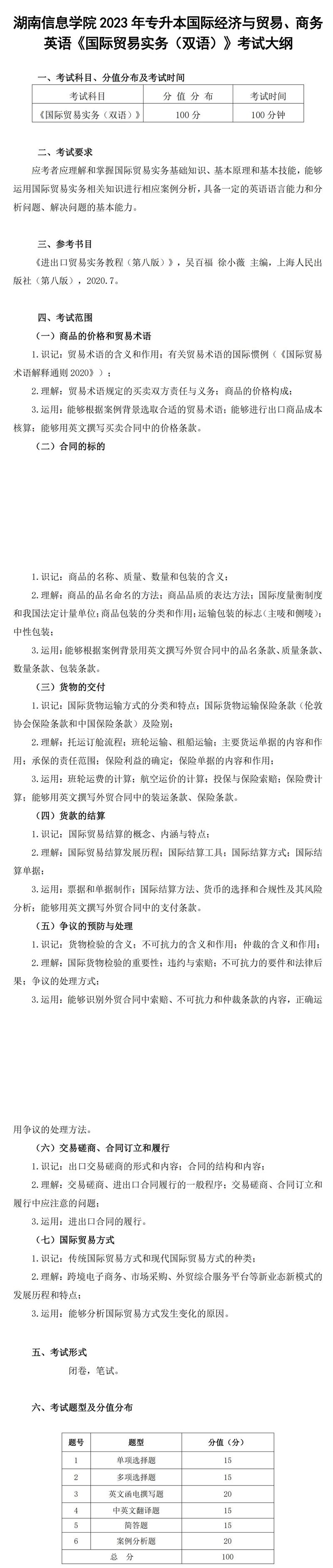 2023年湖南信息學(xué)院專升本商務(wù)英語專業(yè)《國際貿(mào)易實(shí)務(wù)（雙語）》考試大綱(圖1)