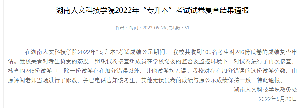 2022年湖南人文科技學(xué)院專升本考試試卷復(fù)查結(jié)果通報