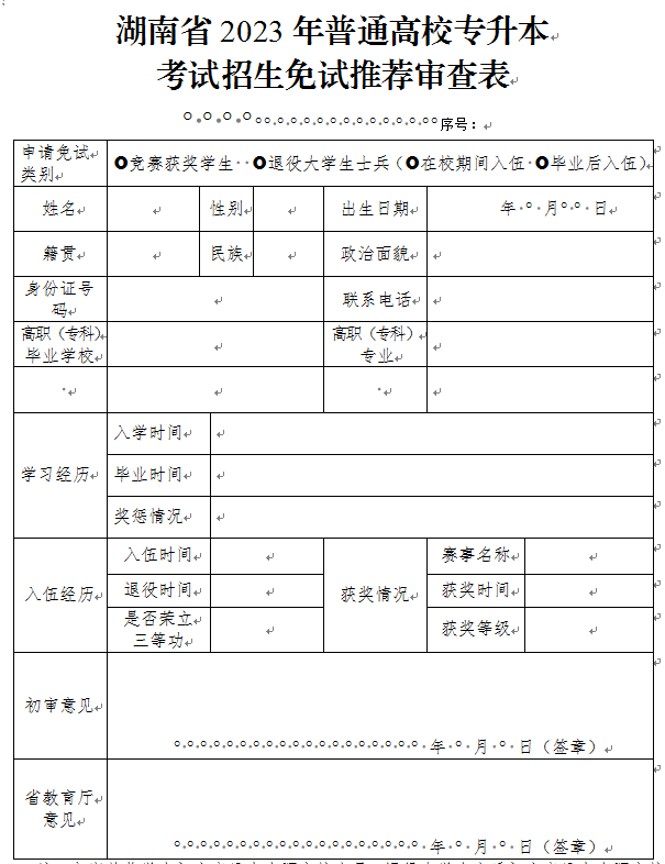 2023年湖南省普通高校專(zhuān)升本考試招生免試推薦審查表