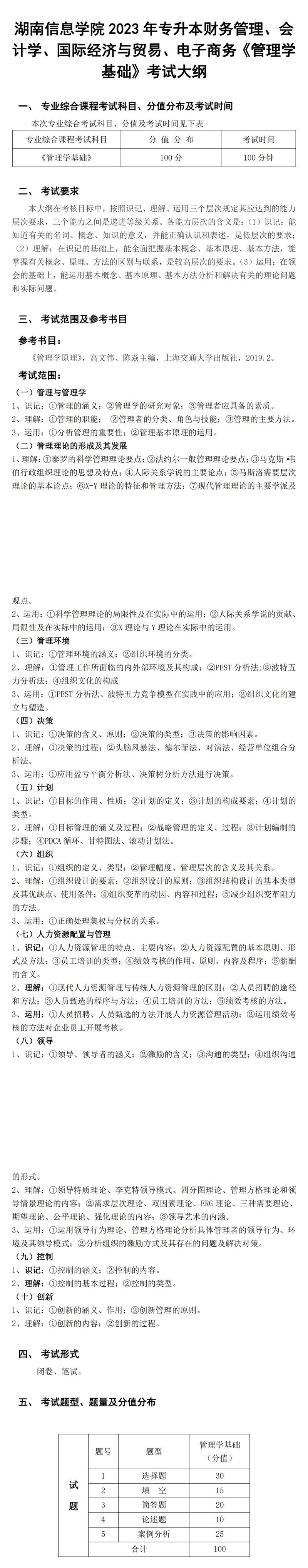 2023年湖南信息學(xué)院專升本財務(wù)管理專業(yè)《管理學(xué)基礎(chǔ)》考試大綱(圖1)