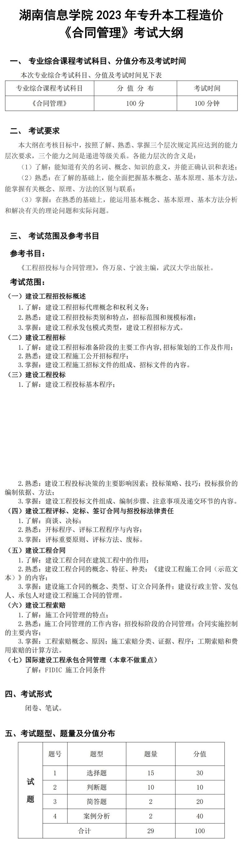 2023年湖南信息學(xué)院專升本工程造價(jià)專業(yè)《合同管理》考試大綱(圖1)